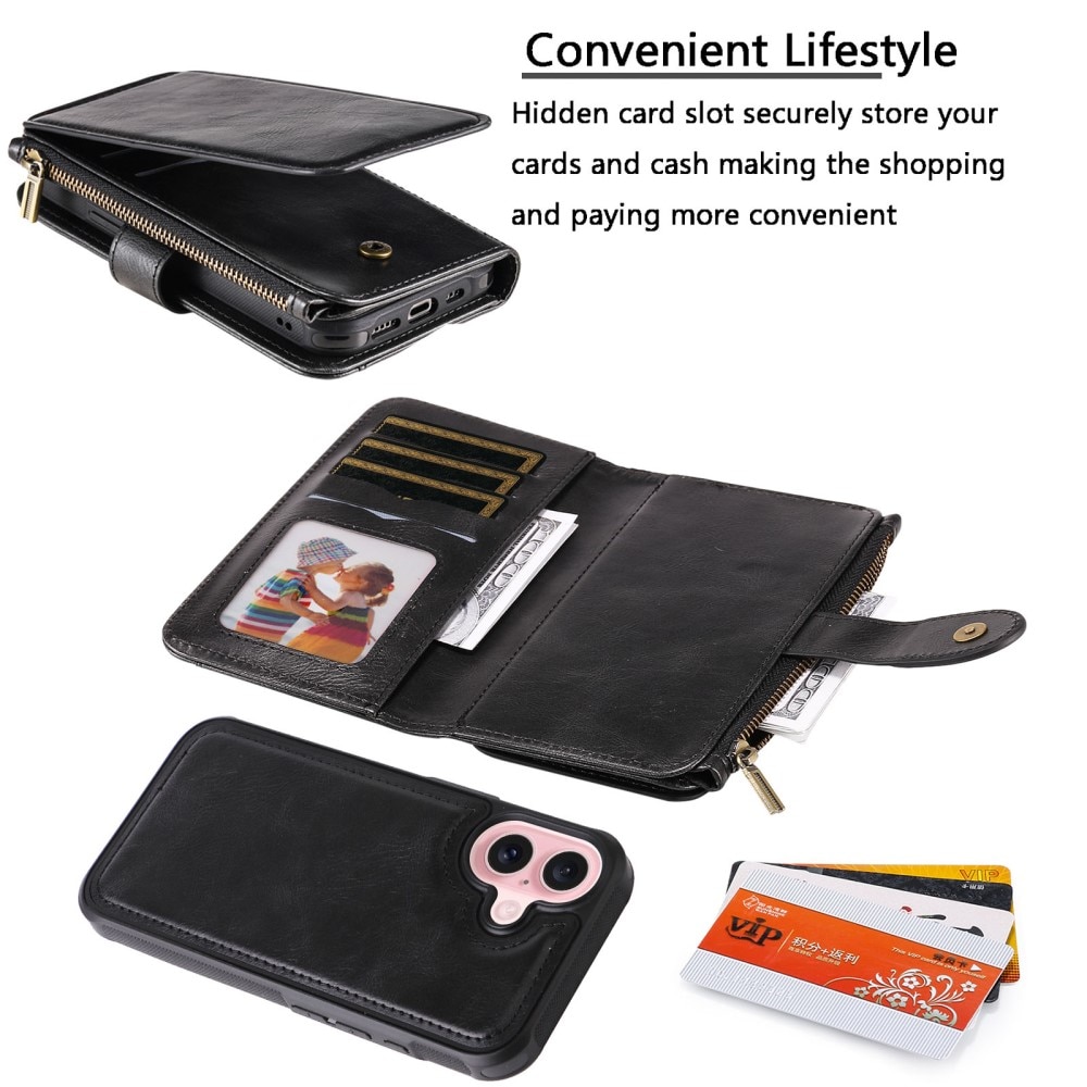 Magnet Leather Multi Wallet iPhone 16, noir