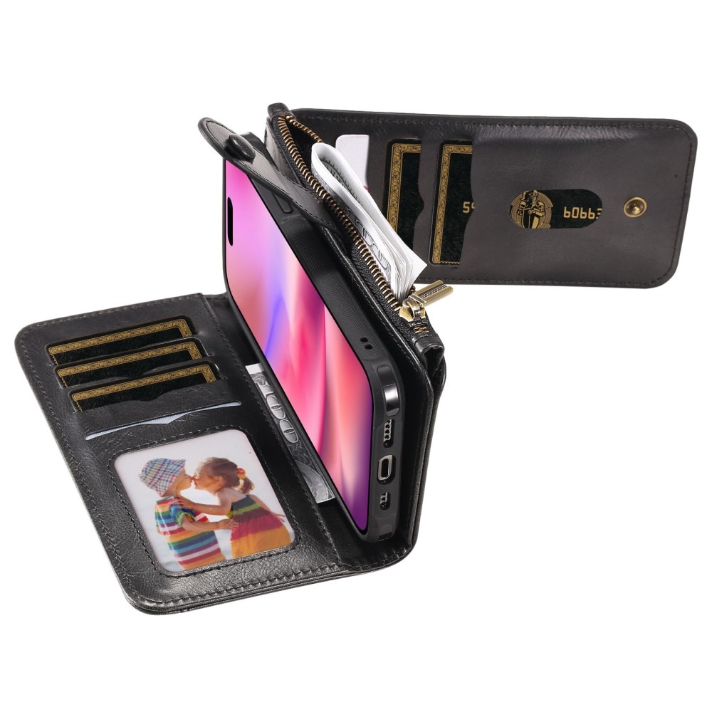 Magnet Leather Multi Wallet iPhone 16, noir