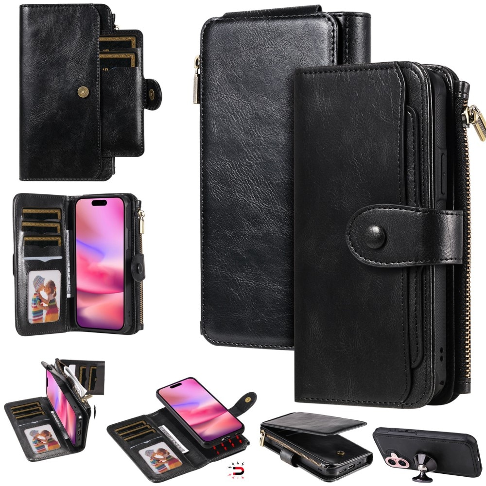 Magnet Leather Multi Wallet iPhone 16, noir