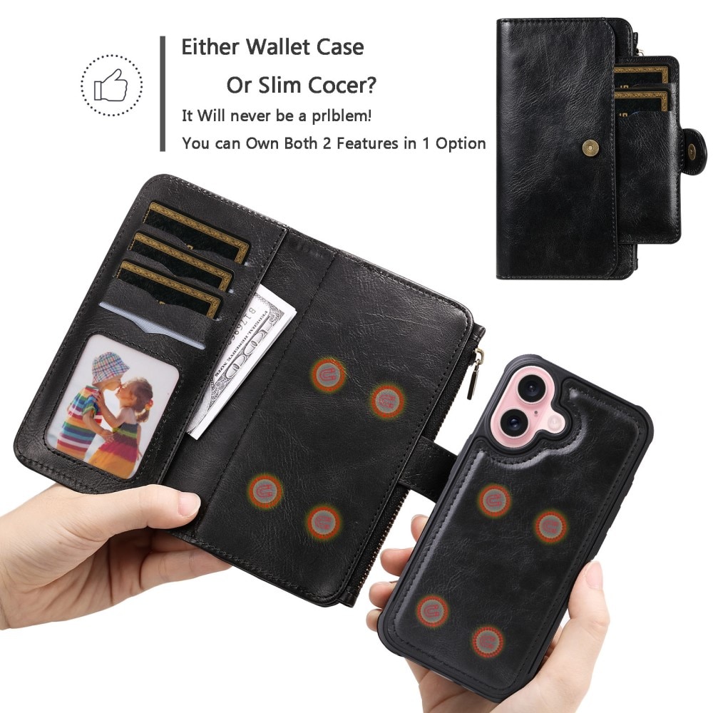 Magnet Leather Multi Wallet iPhone 16, noir