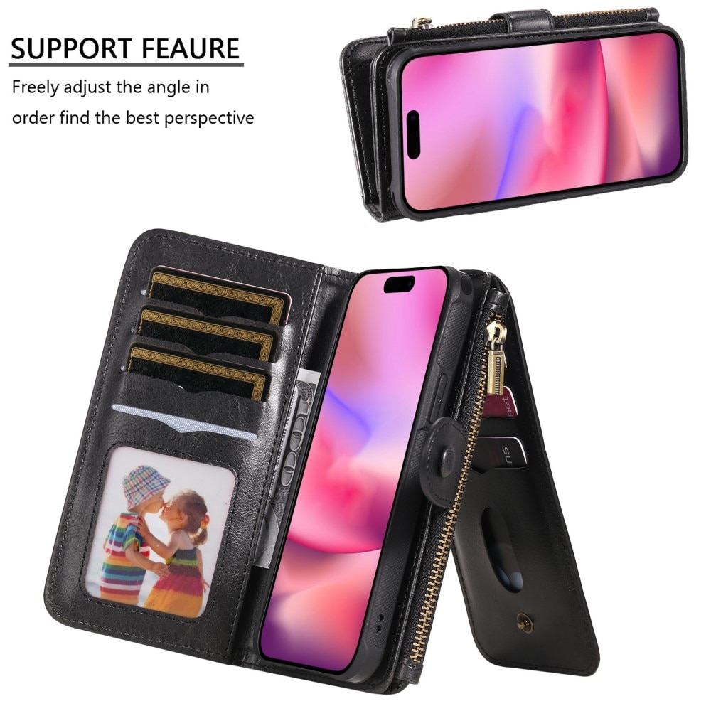 Magnet Leather Multi Wallet iPhone 16, noir