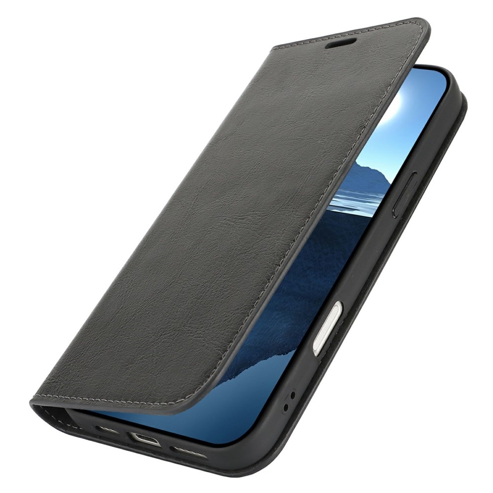 Coque portefeuille en cuir Veritable iPhone 16 Plus, noir