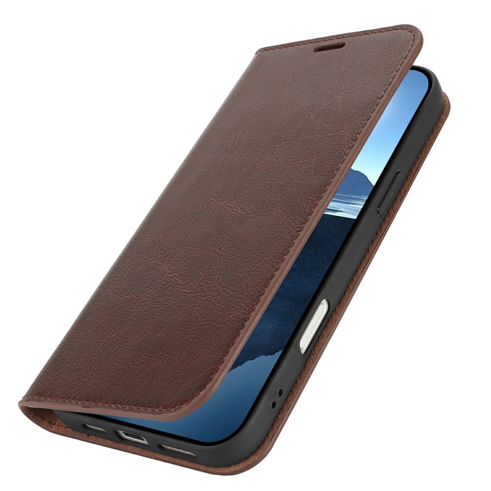 Coque portefeuille en cuir Veritable iPhone 16, marron foncé