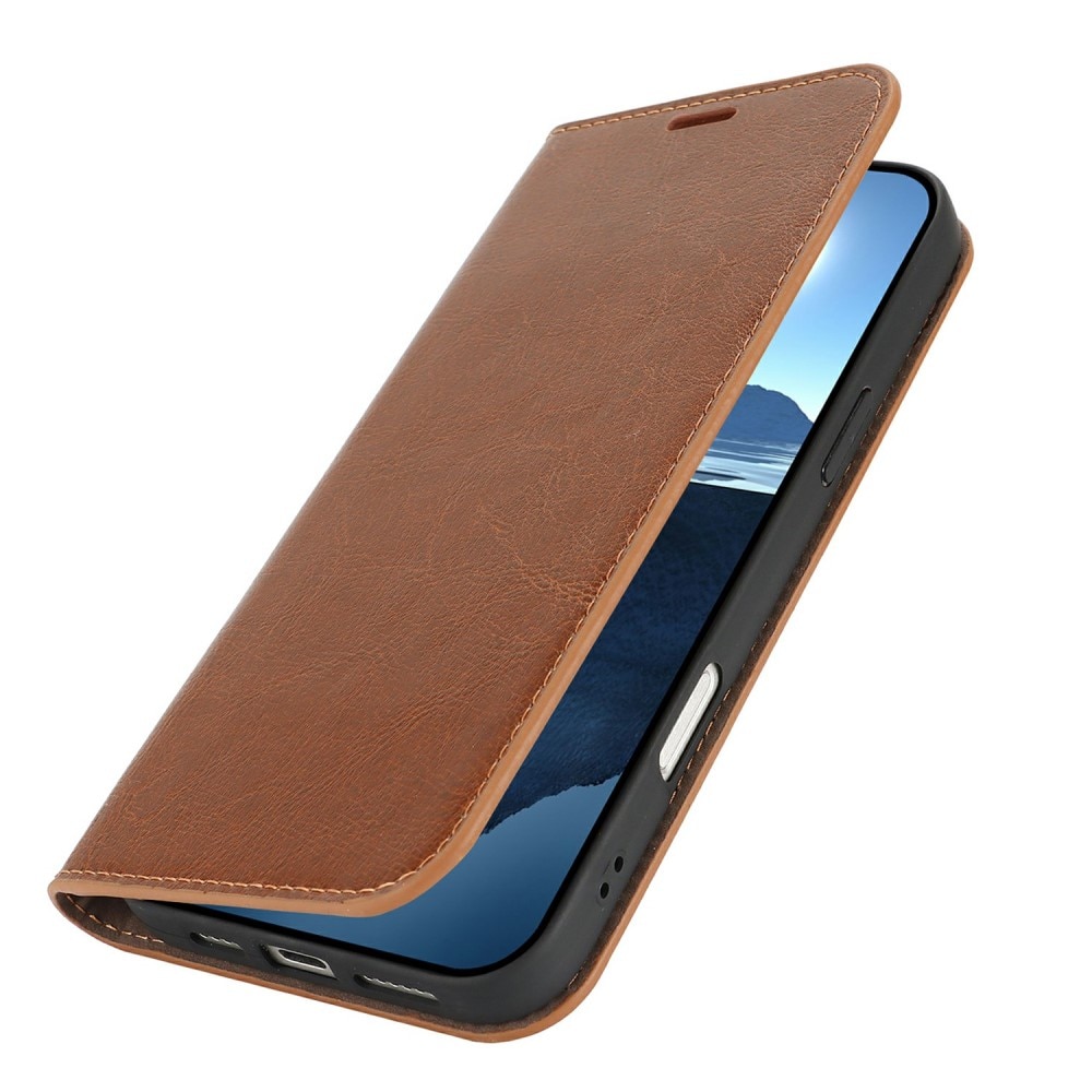 Coque portefeuille en cuir Veritable iPhone 16 Plus, marron