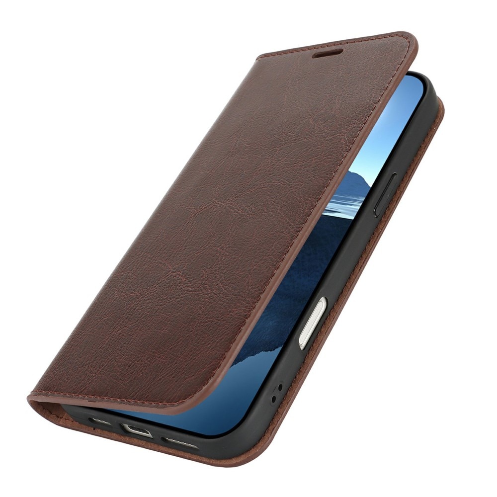 Coque portefeuille en cuir Veritable iPhone 16 Pro, marron foncé