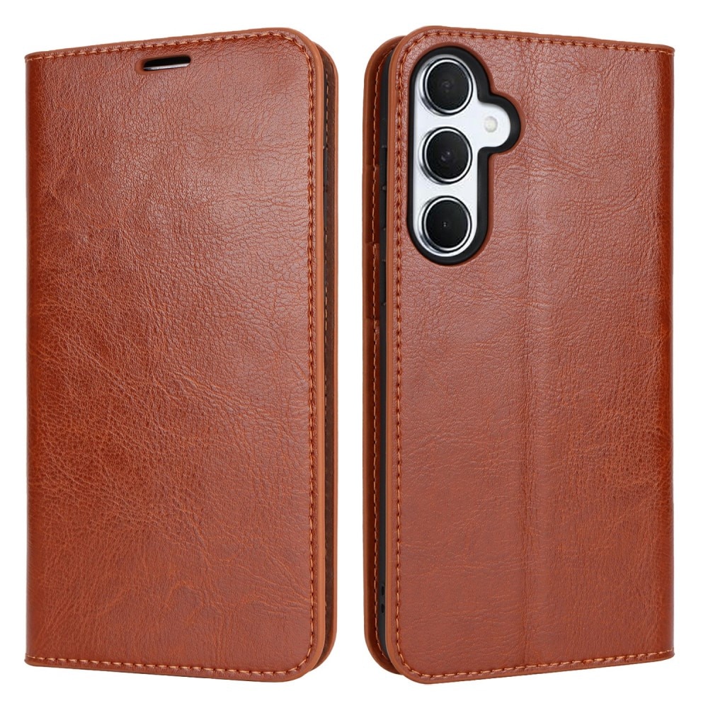 Coque portefeuille en cuir Veritable Samsung Galaxy S24 FE, marron