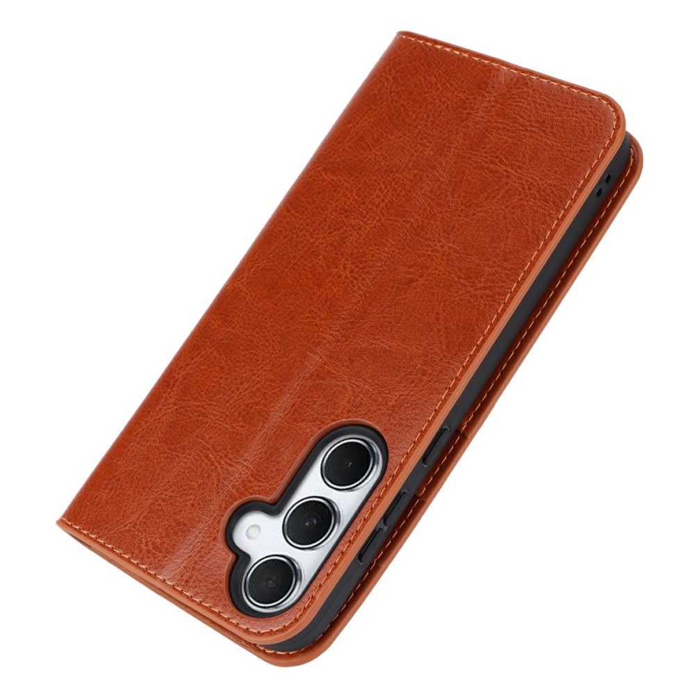 Coque portefeuille en cuir Veritable Samsung Galaxy S24 FE, marron