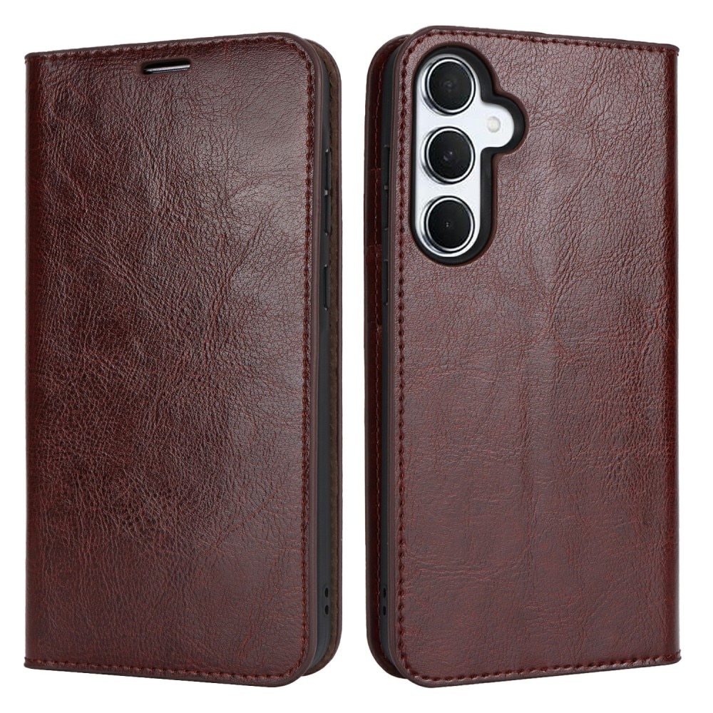 Coque portefeuille en cuir Veritable Samsung Galaxy S24 FE, marron foncé