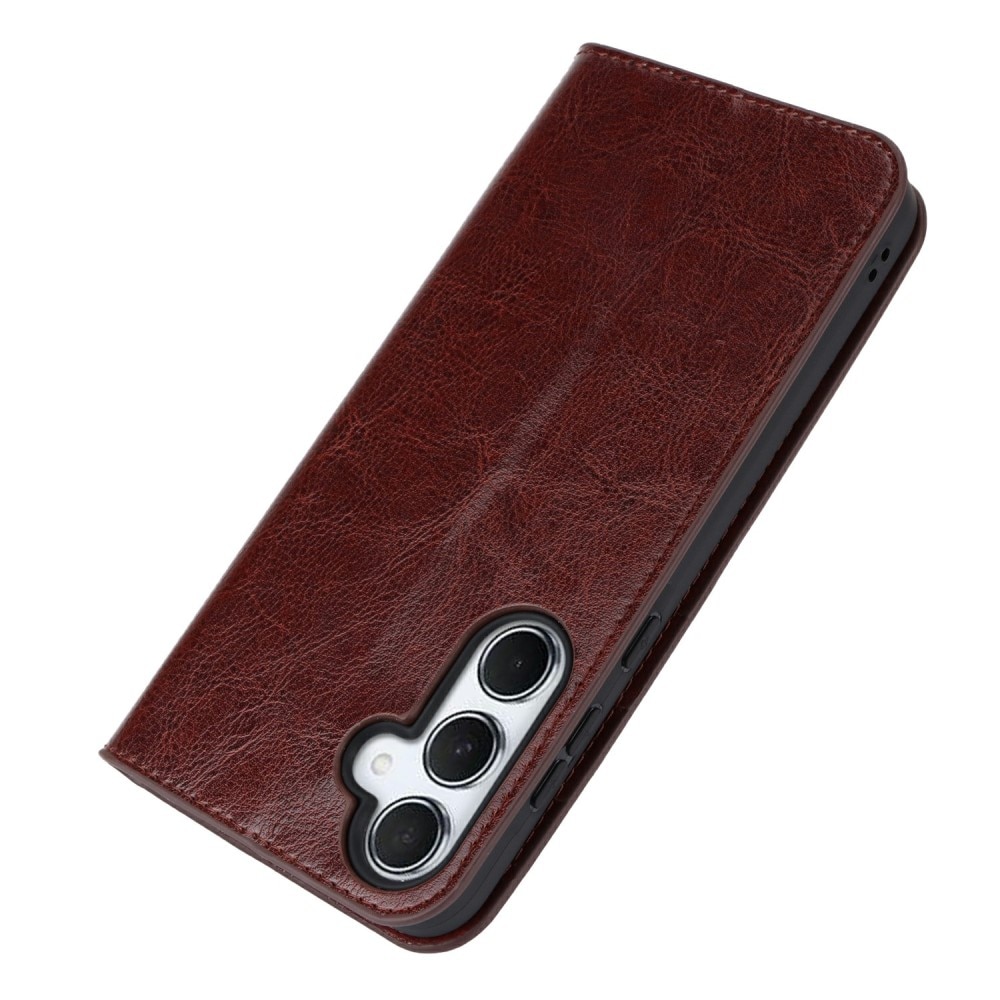 Coque portefeuille en cuir Veritable Samsung Galaxy S24 FE, marron foncé