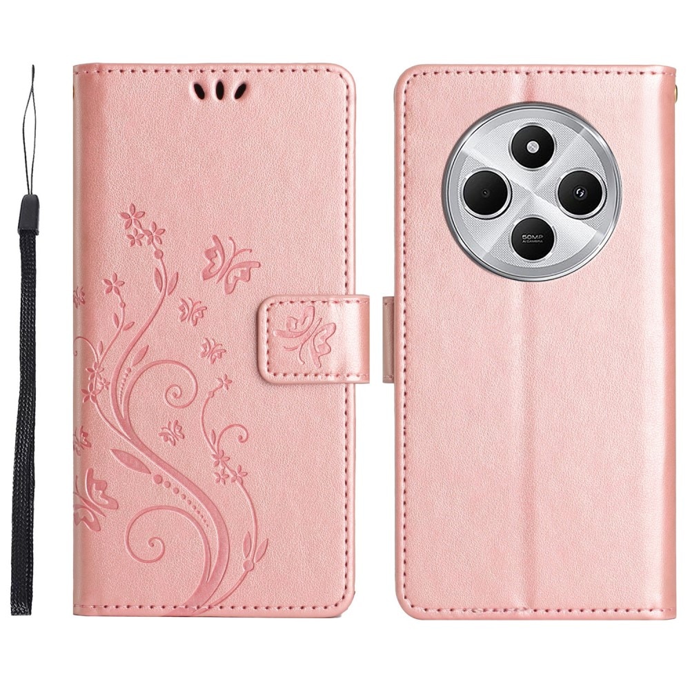 Étui en cuir à papillons pour Xiaomi Redmi 14C, rose doré