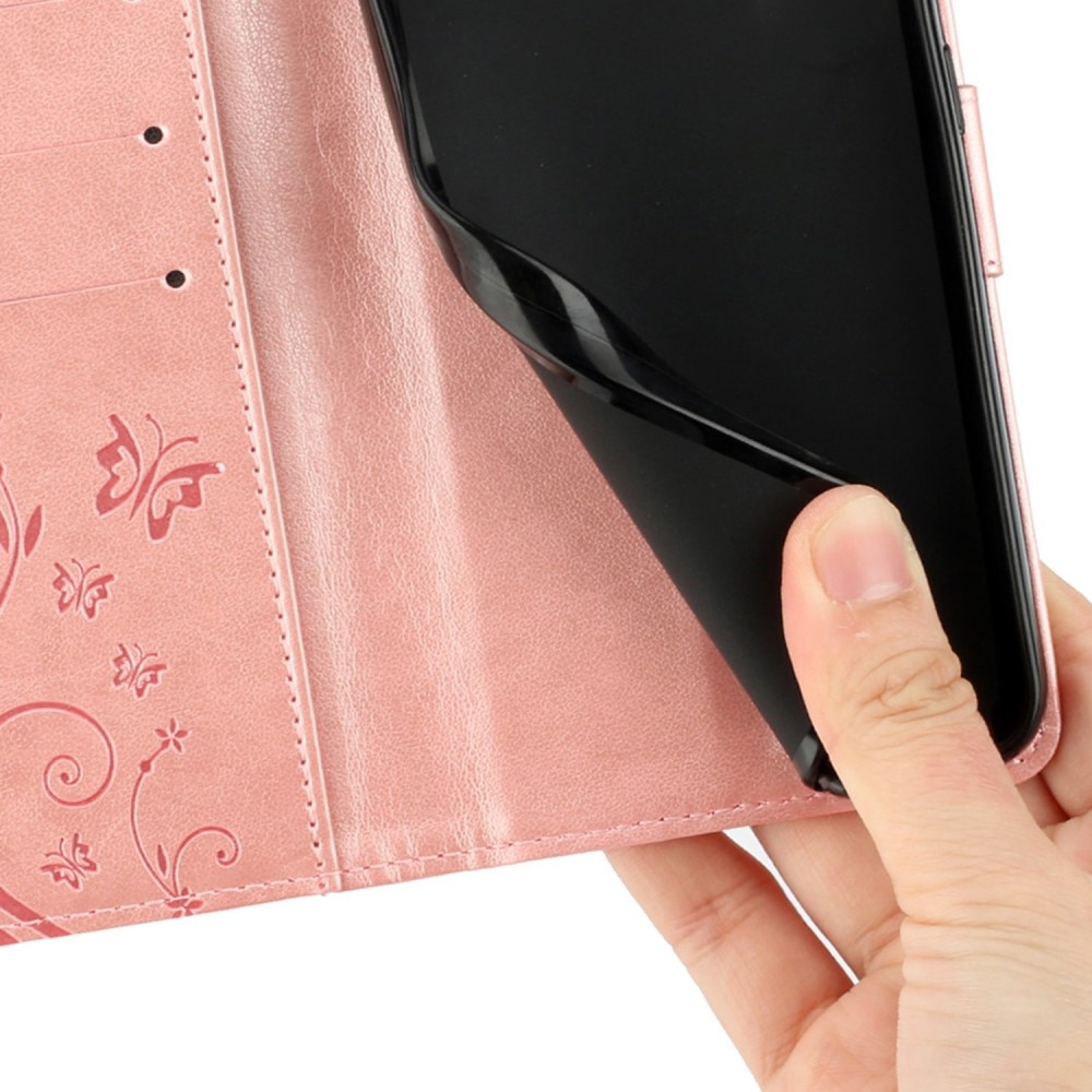 Étui en cuir à papillons pour Xiaomi Redmi 14C, rose doré