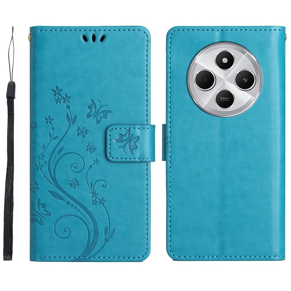 Étui en cuir à papillons pour Xiaomi Redmi 14C, bleu