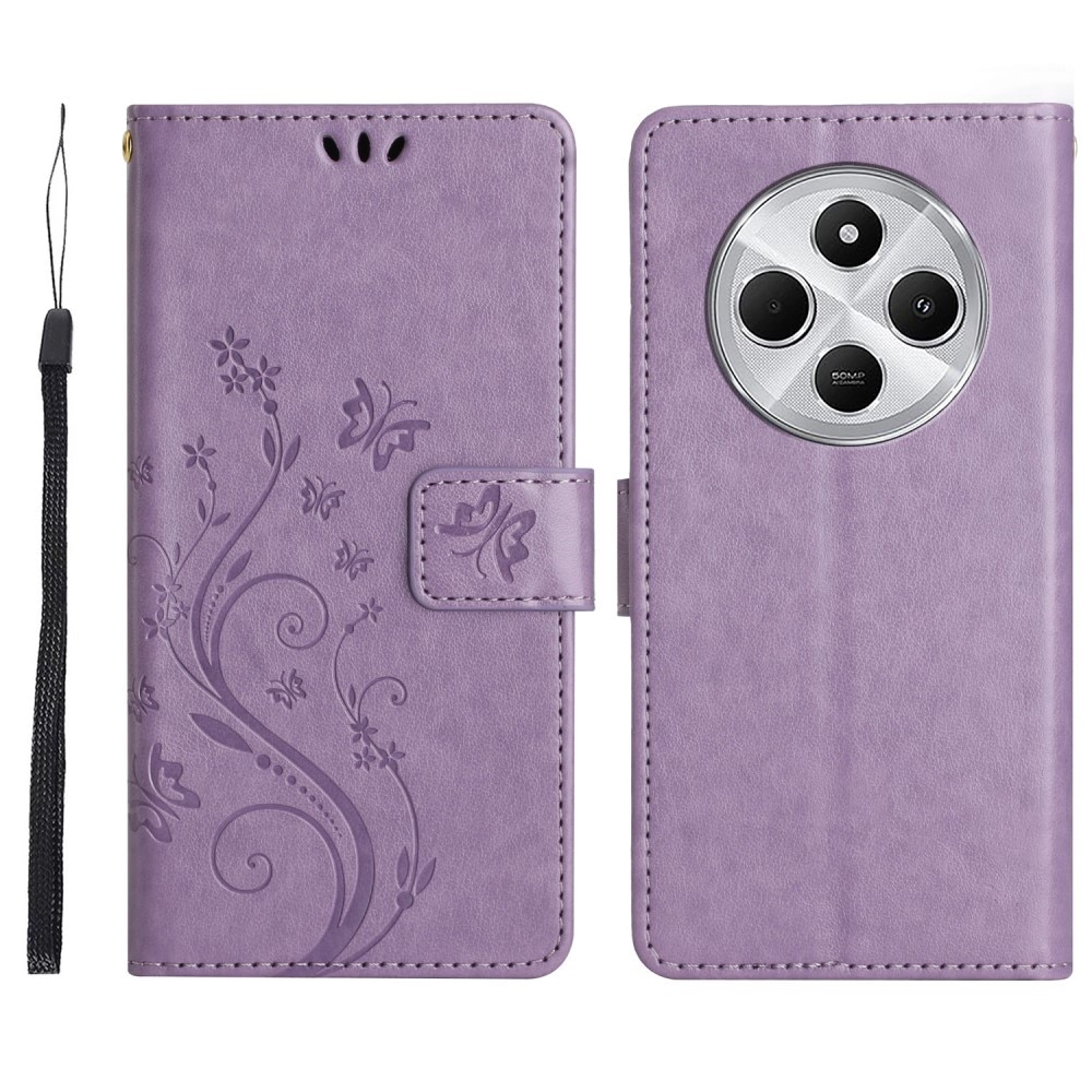 Étui en cuir à papillons pour Xiaomi Redmi 14C, violet