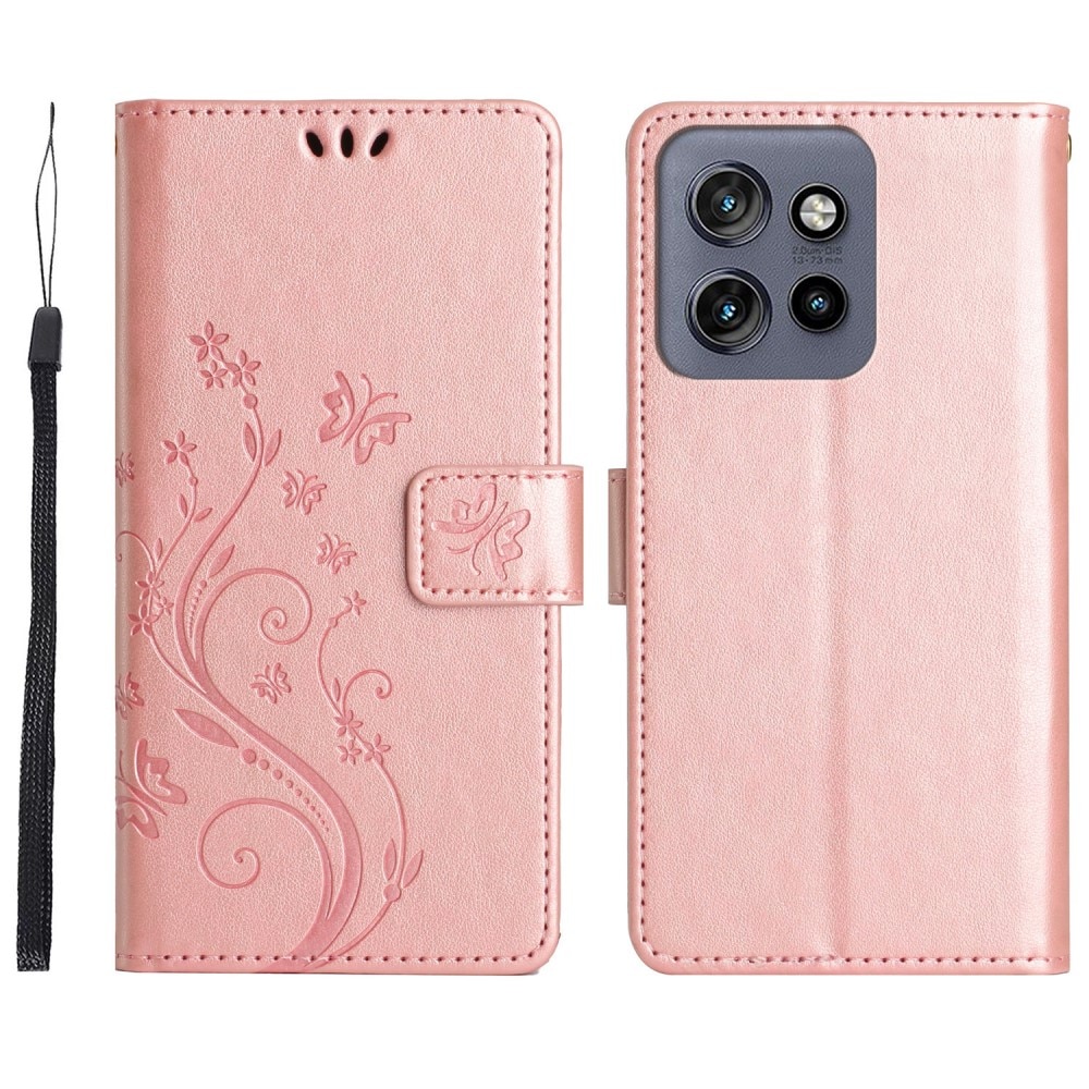 Étui en cuir à papillons pour Motorola Edge 50 Neo, rose doré