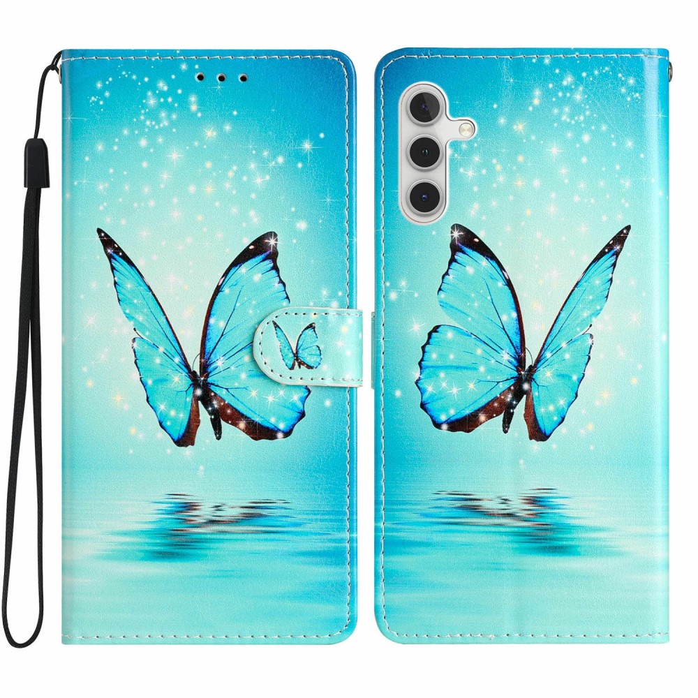 Coque portefeuille Samsung Galaxy S25, papillons bleus