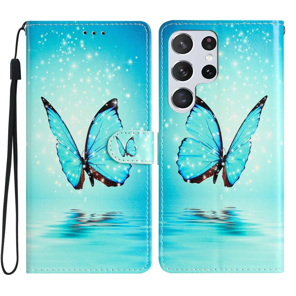 Coque portefeuille Samsung Galaxy S25 Ultra, papillons bleus