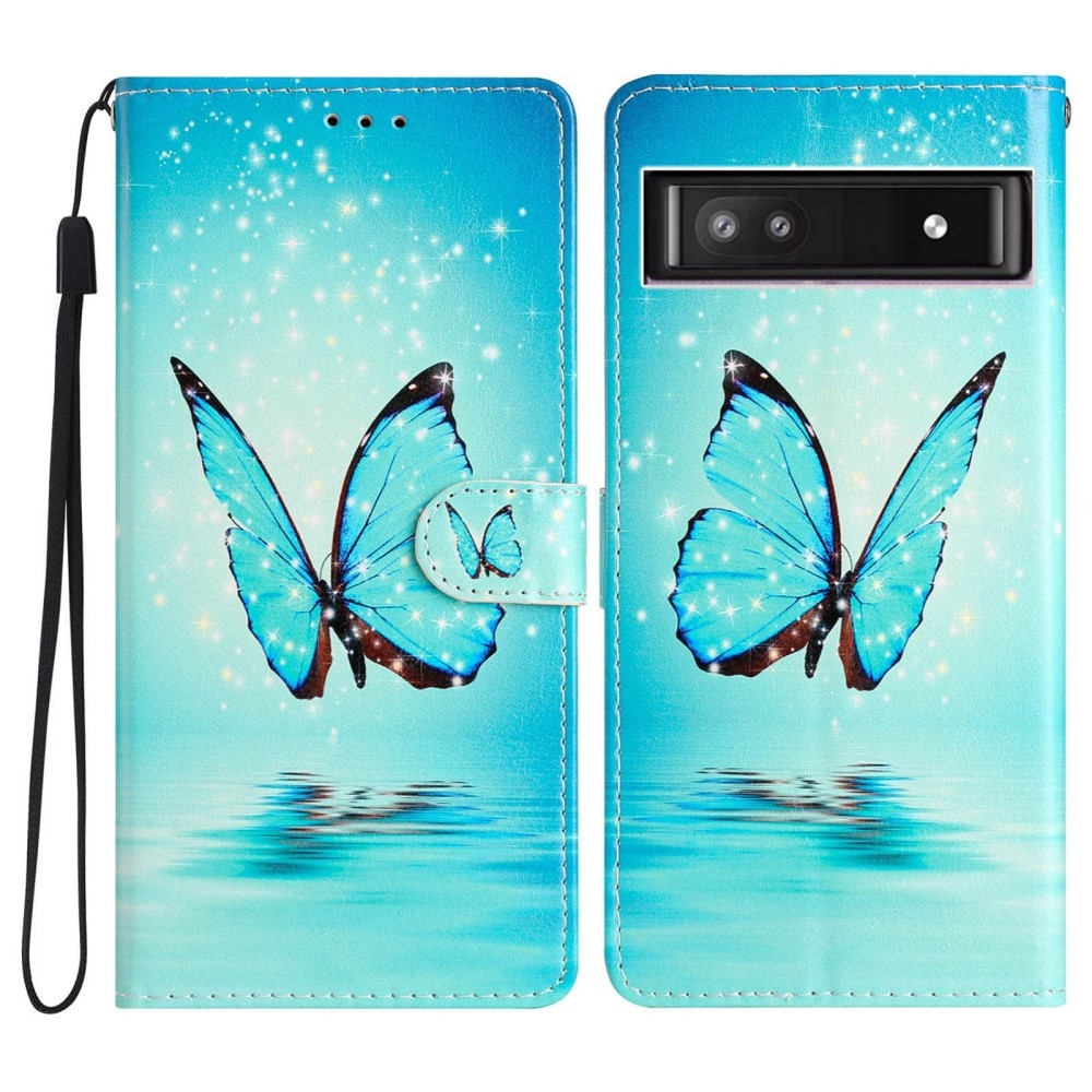 Coque portefeuille Google Pixel 9a, papillons bleus