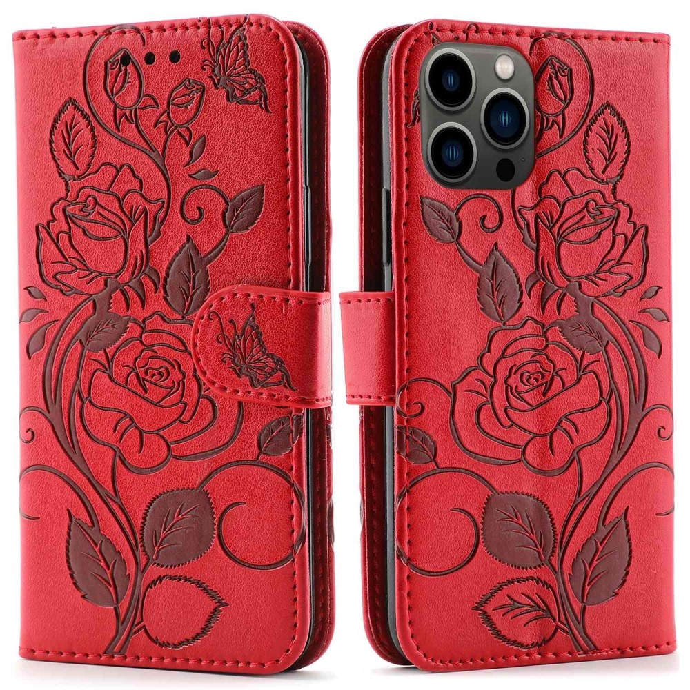 Étui en cuir avec roses iPhone 12/12 Pro Rouge
