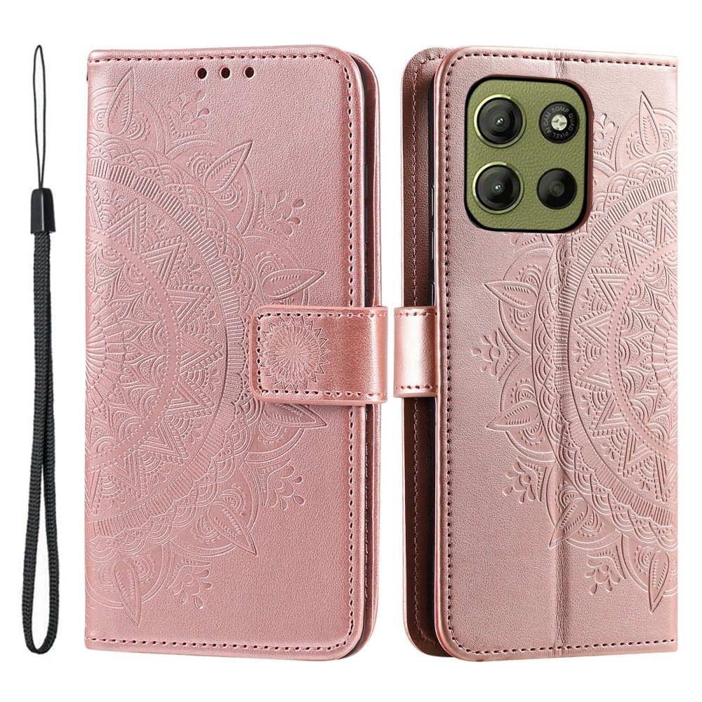 Étui en cuir Mandala Motorola Moto G15 Power, or rose