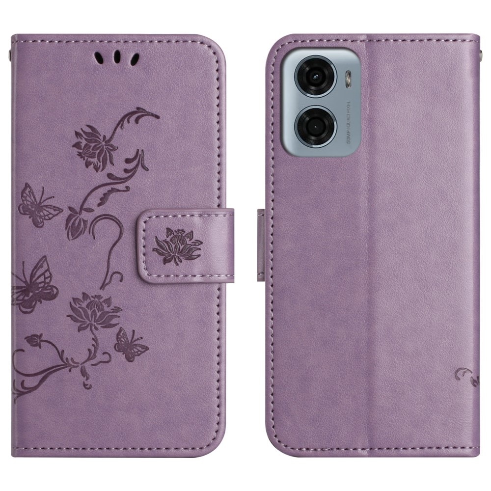 Étui en cuir à papillons pour Motorola Moto E15, violet