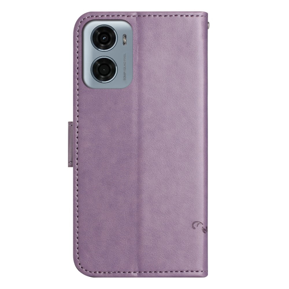 Étui en cuir à papillons pour Motorola Moto E15, violet