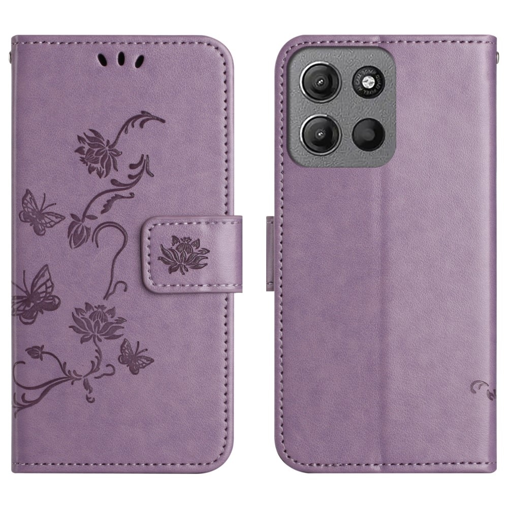 Étui en cuir à papillons pour Motorola Moto G15 Power, violet