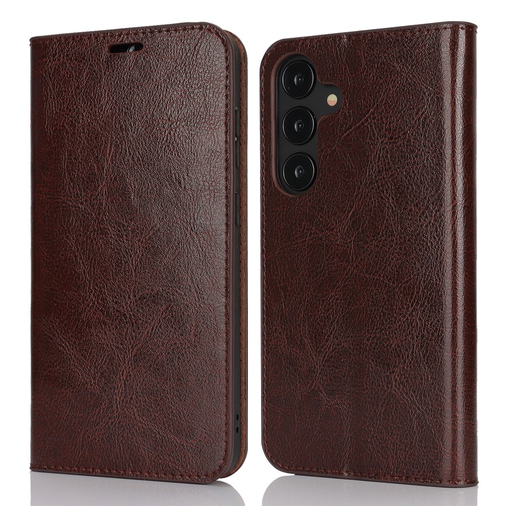 Coque portefeuille en cuir Veritable Samsung Galaxy S25 Plus, Marron foncé