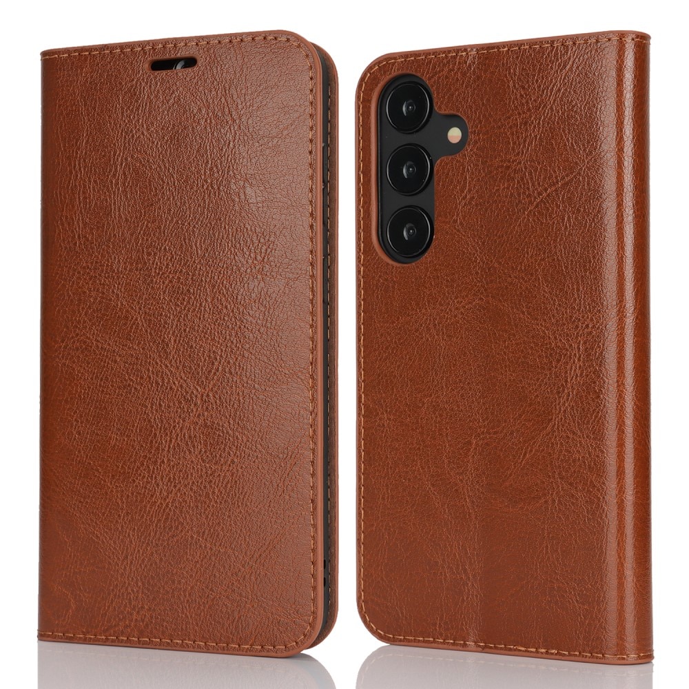 Coque portefeuille en cuir Veritable Samsung Galaxy S25 Plus, Marron