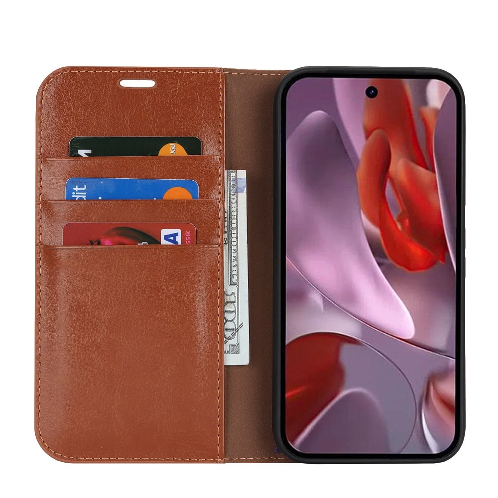 Coque portefeuille en cuir Veritable Google Pixel 9a, Marron