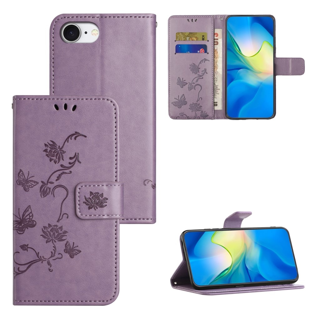 Étui en cuir à papillons pour iPhone 16e, Violet