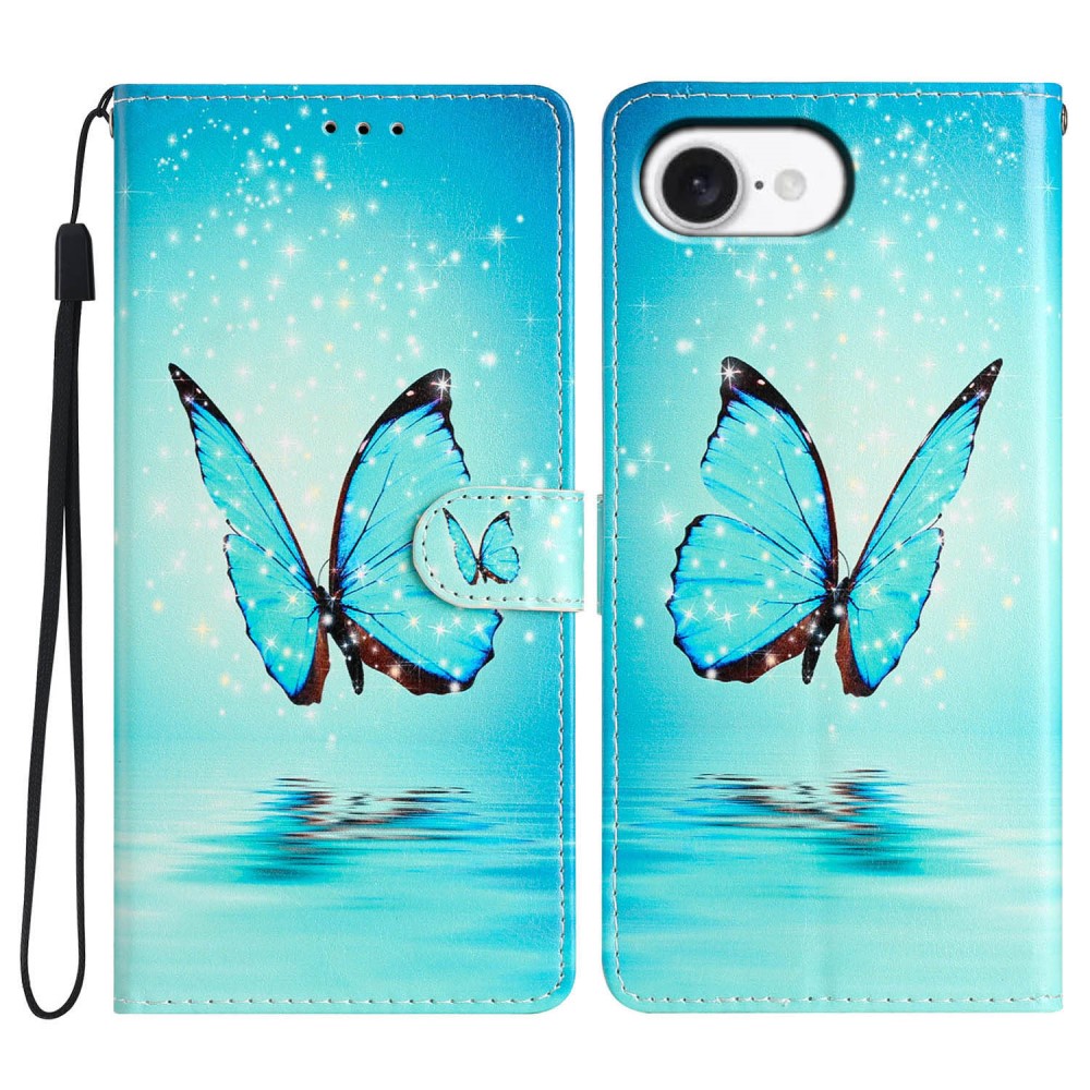 Coque portefeuille iPhone 16e, papillons bleus