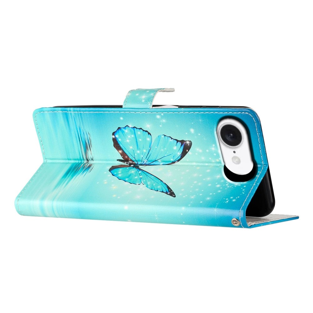 Coque portefeuille iPhone 16e, papillons bleus