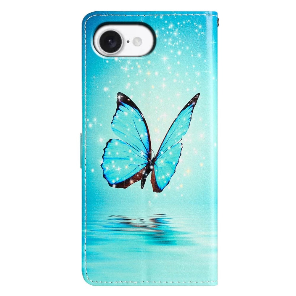 Coque portefeuille iPhone 16e, papillons bleus