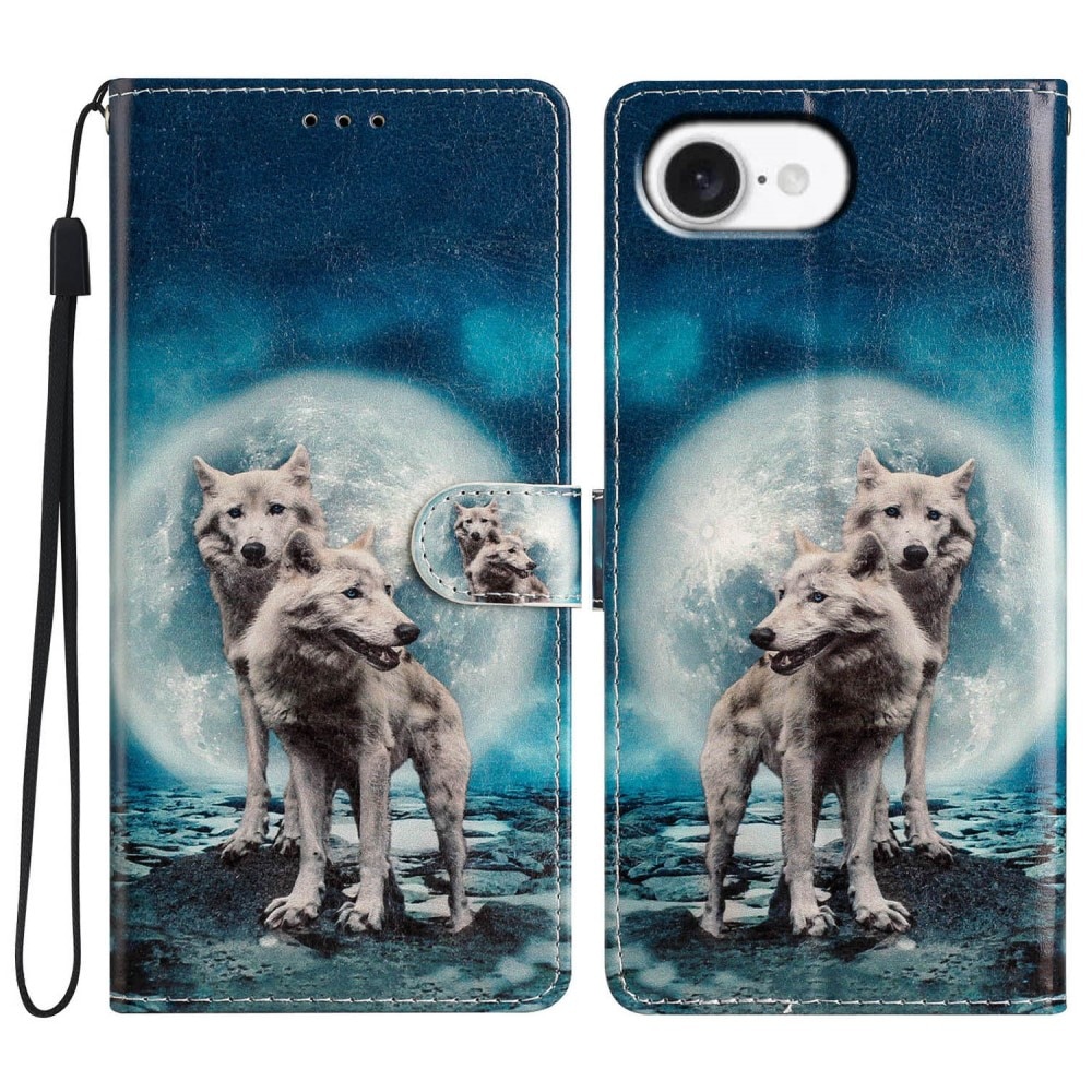 Coque portefeuille iPhone 16e, loups