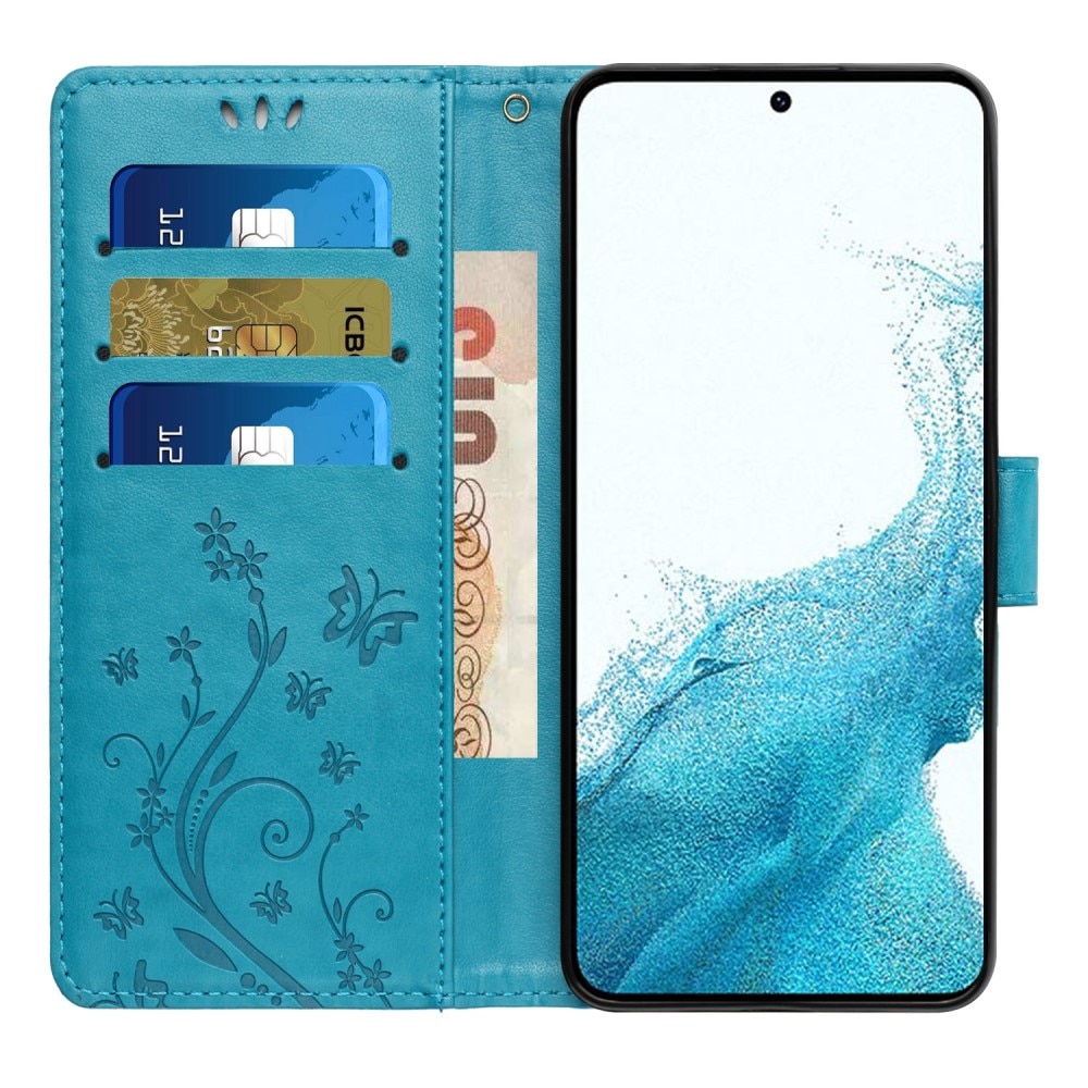 Étui en cuir à papillons pour Samsung Galaxy S23, bleu