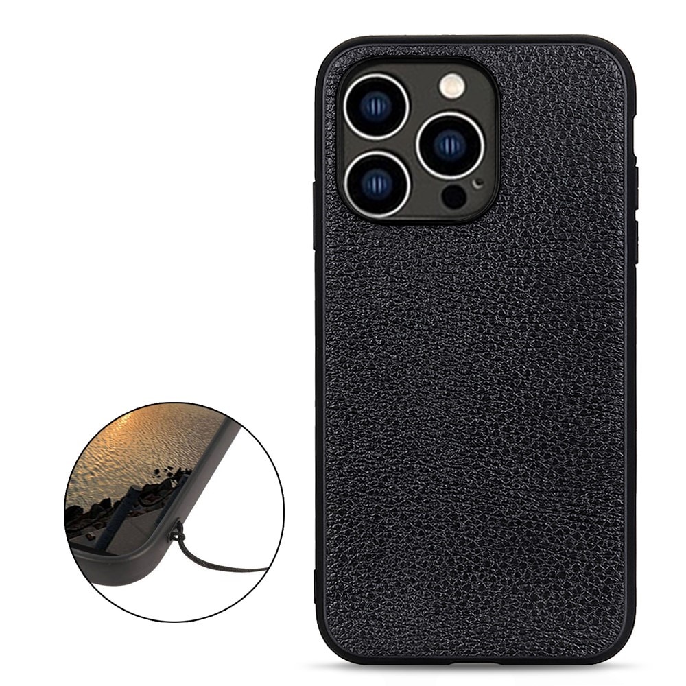 Coque Hybride Cuir veritable iPhone 15 Pro Max, noir