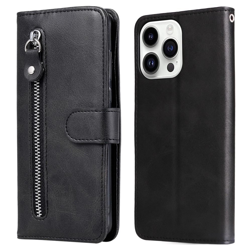 Étui en cuir Zipper iPhone 15 Pro, noir