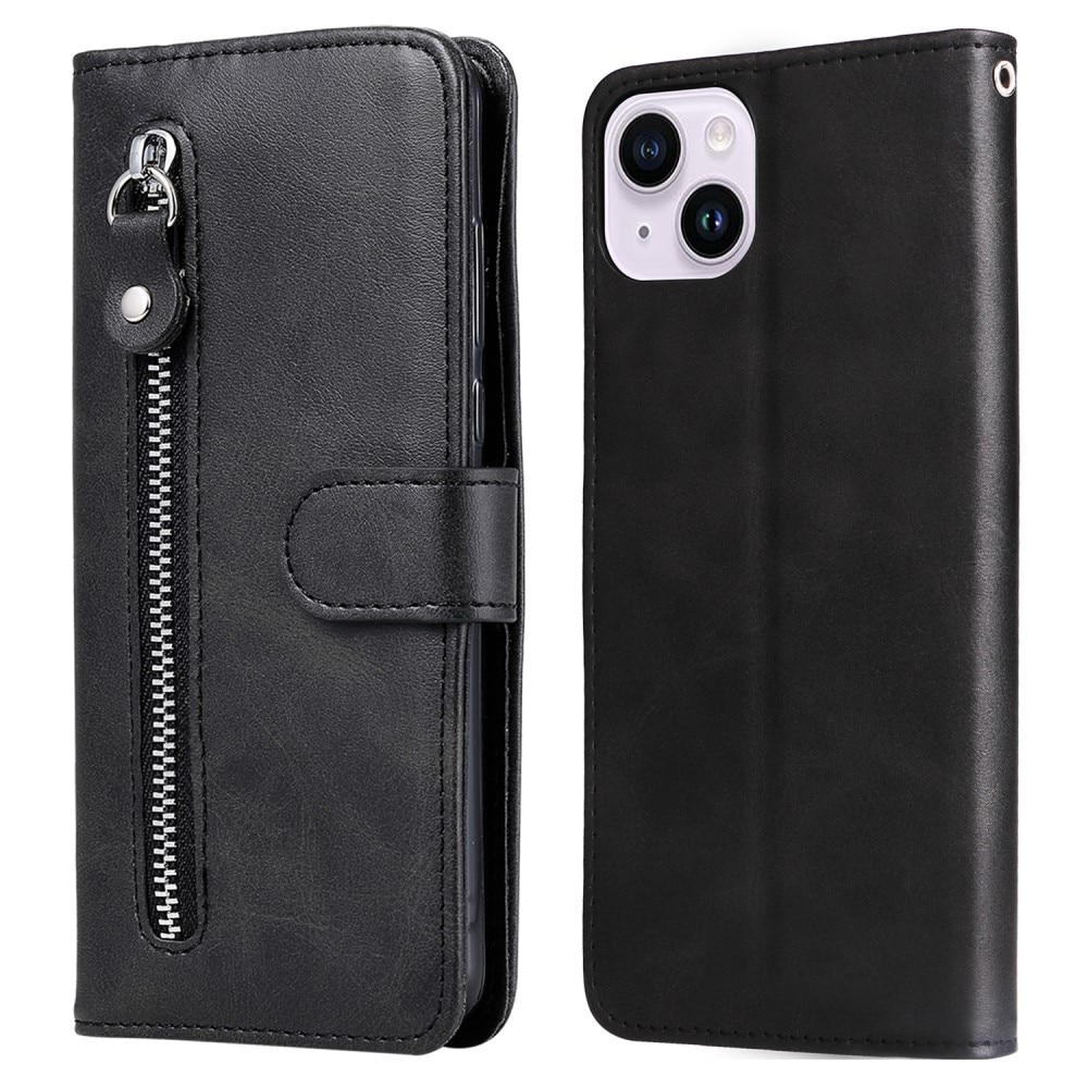 Étui en cuir Zipper iPhone 15, noir