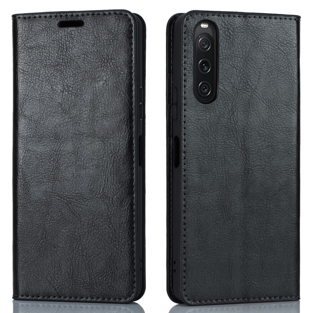 Coque portefeuille en cuir Veritable Sony Xperia 10 VI, noir