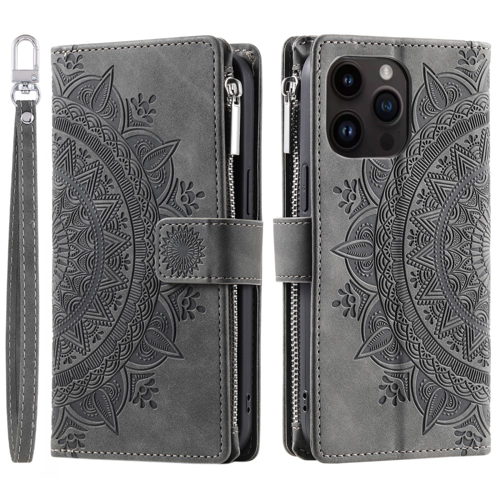 Étui portefeuille Mandala iPhone 15 Pro, gris