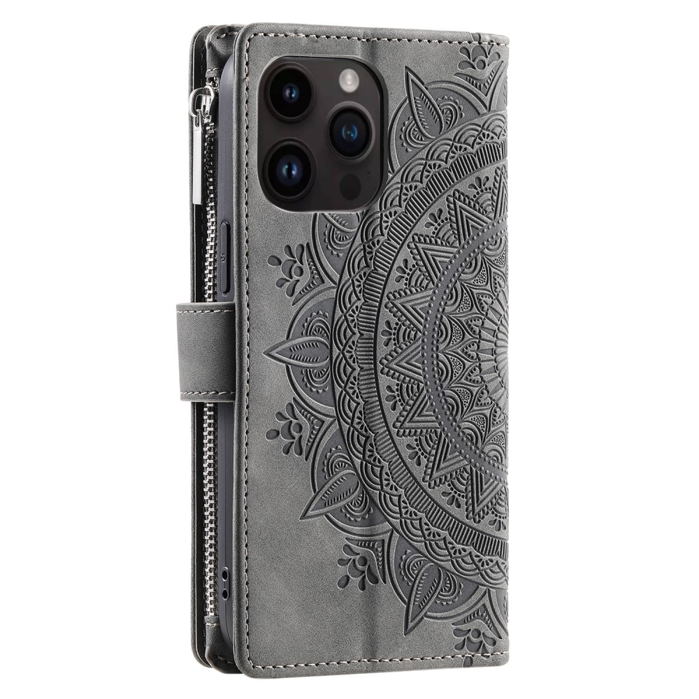 Étui portefeuille Mandala iPhone 15 Pro, gris