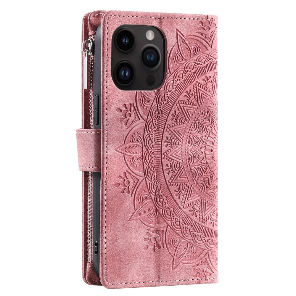 Étui portefeuille Mandala iPhone 15 Pro, rose