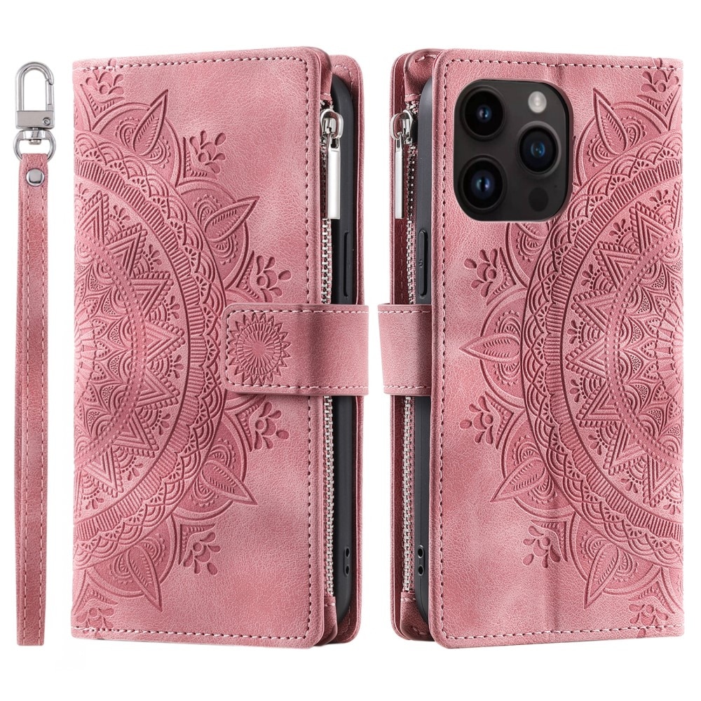 Étui portefeuille Mandala iPhone 15 Pro, rose