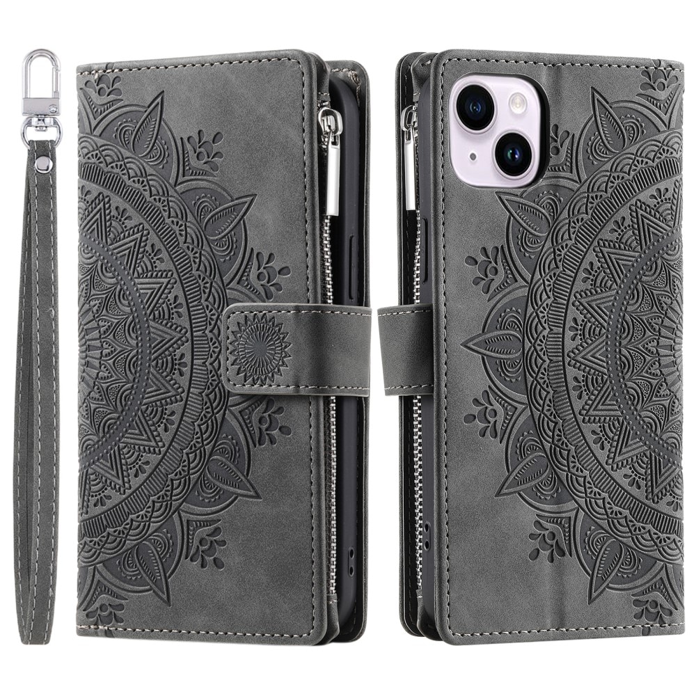 Étui portefeuille Mandala iPhone 15, gris