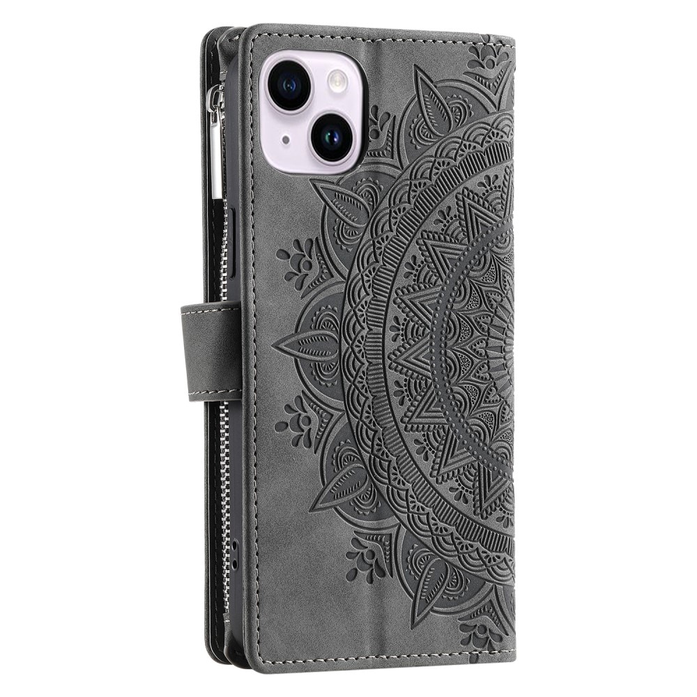 Étui portefeuille Mandala iPhone 15, gris