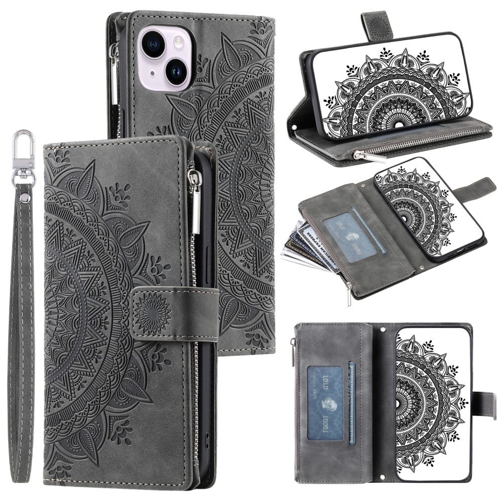 Étui portefeuille Mandala iPhone 15, gris