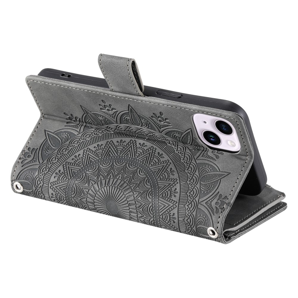 Étui portefeuille Mandala iPhone 15, gris