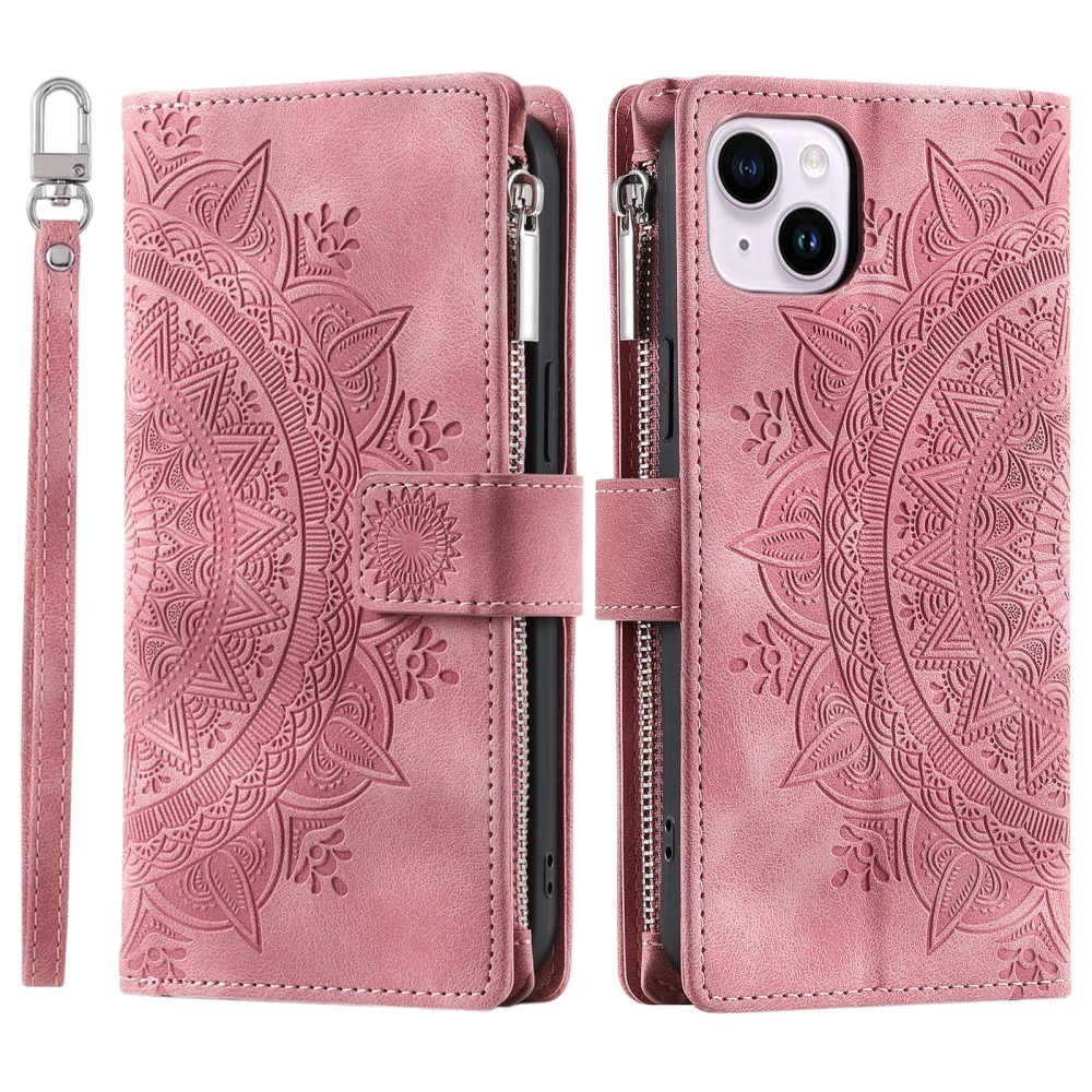 Étui portefeuille Mandala iPhone 15, rose