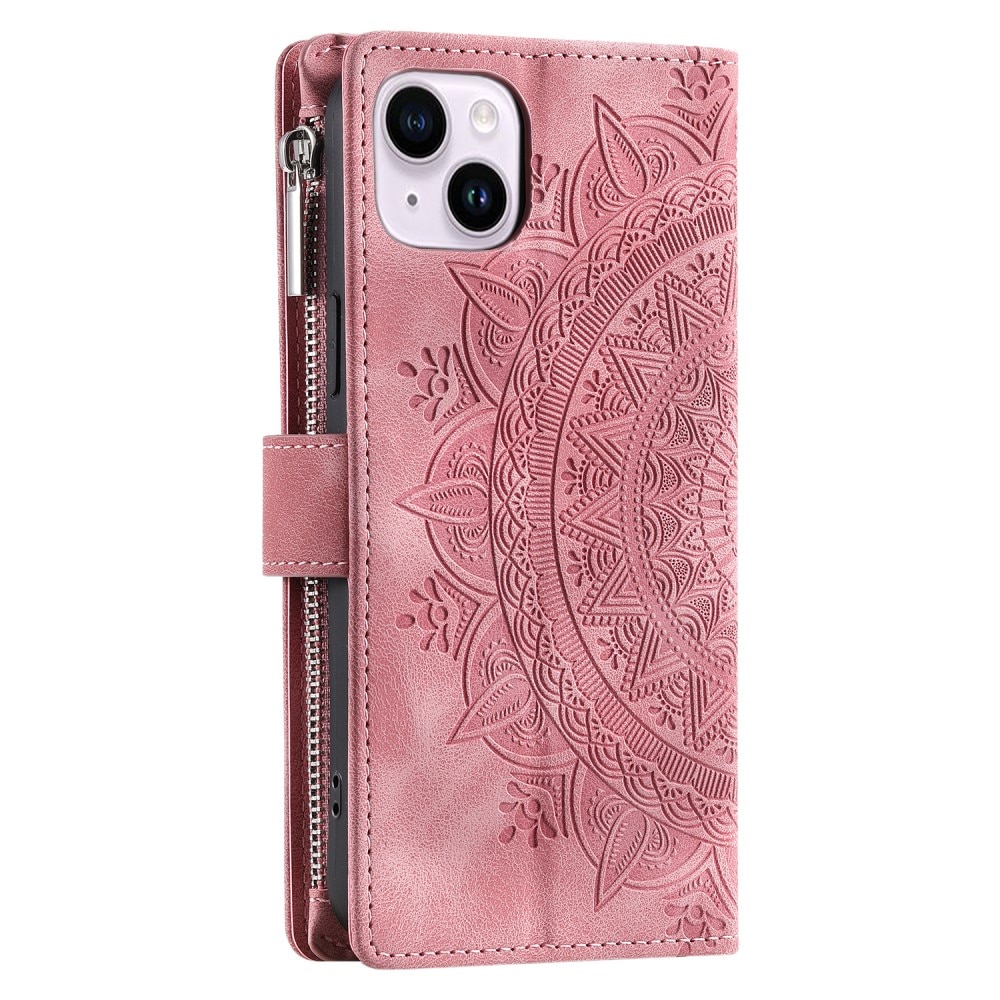 Étui portefeuille Mandala iPhone 15, rose