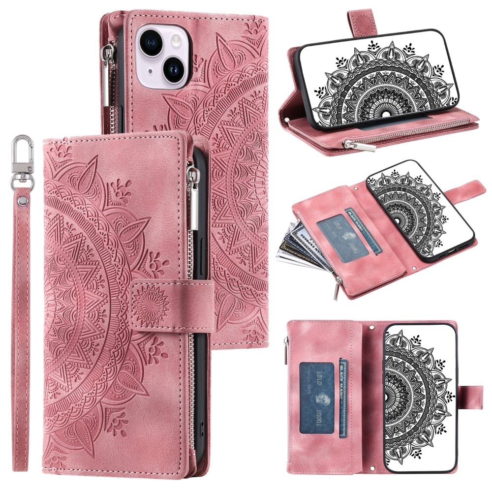 Étui portefeuille Mandala iPhone 15, rose